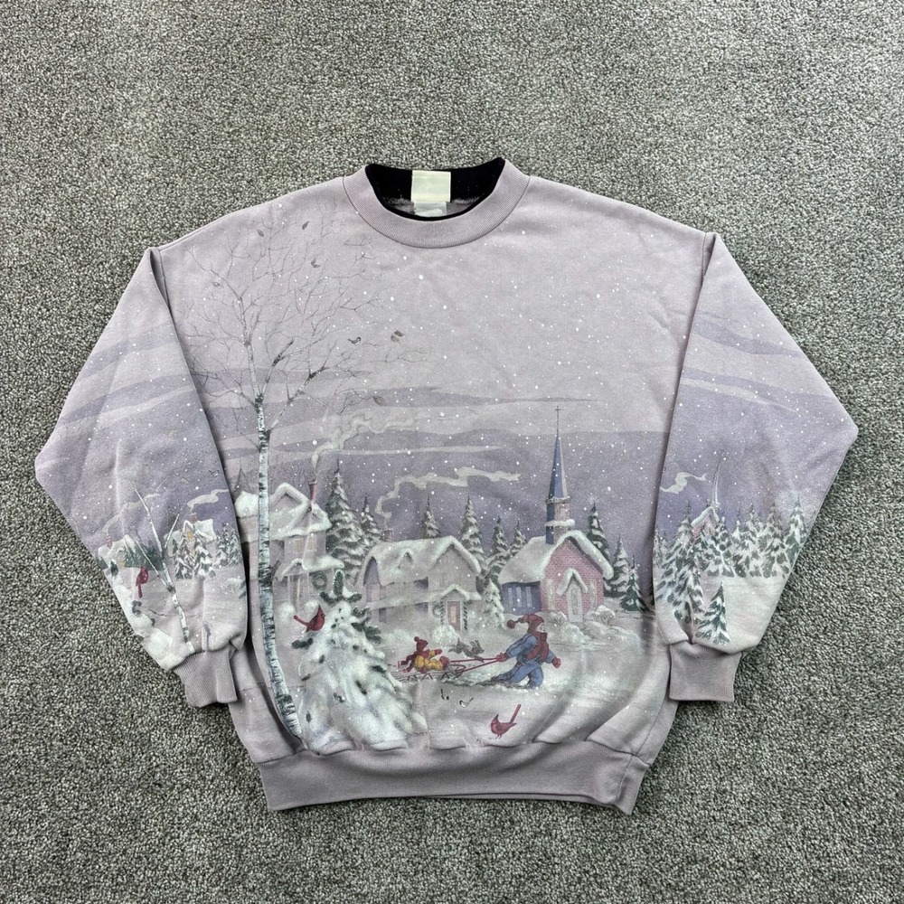 Vintage Winter Cabin Sweatshirt Mens Large Purple Scene Sledding Christmas Town